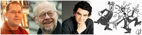 Von links nach rechts: Chormitglied und Buchautor Wolfgang Equiluz, Jürgen Flimm und Rolando Villazon mit einer seiner köstlichen Zeichnungen